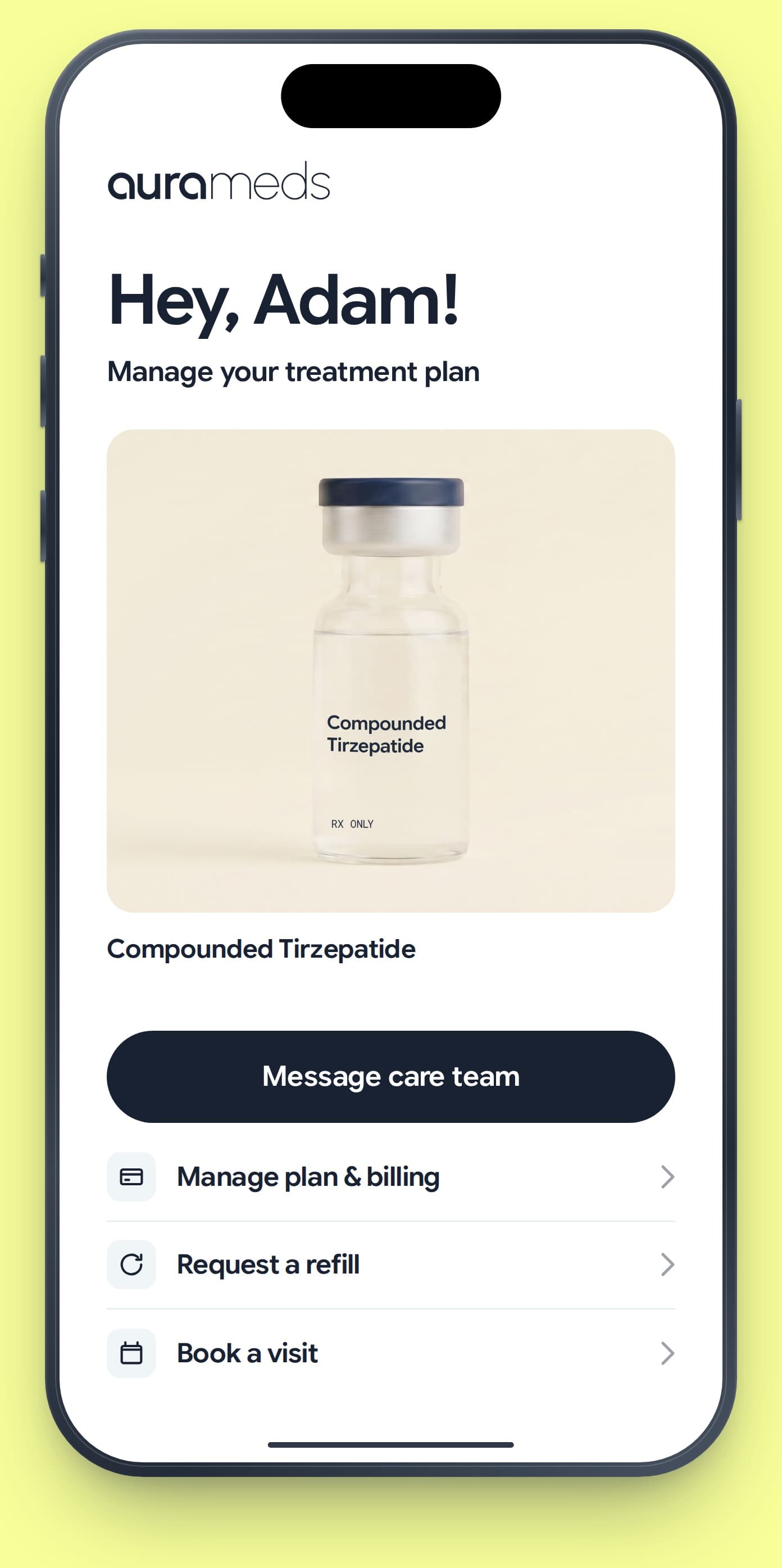 Aura Meds app showing a treatment plan for compounded tirzepatide