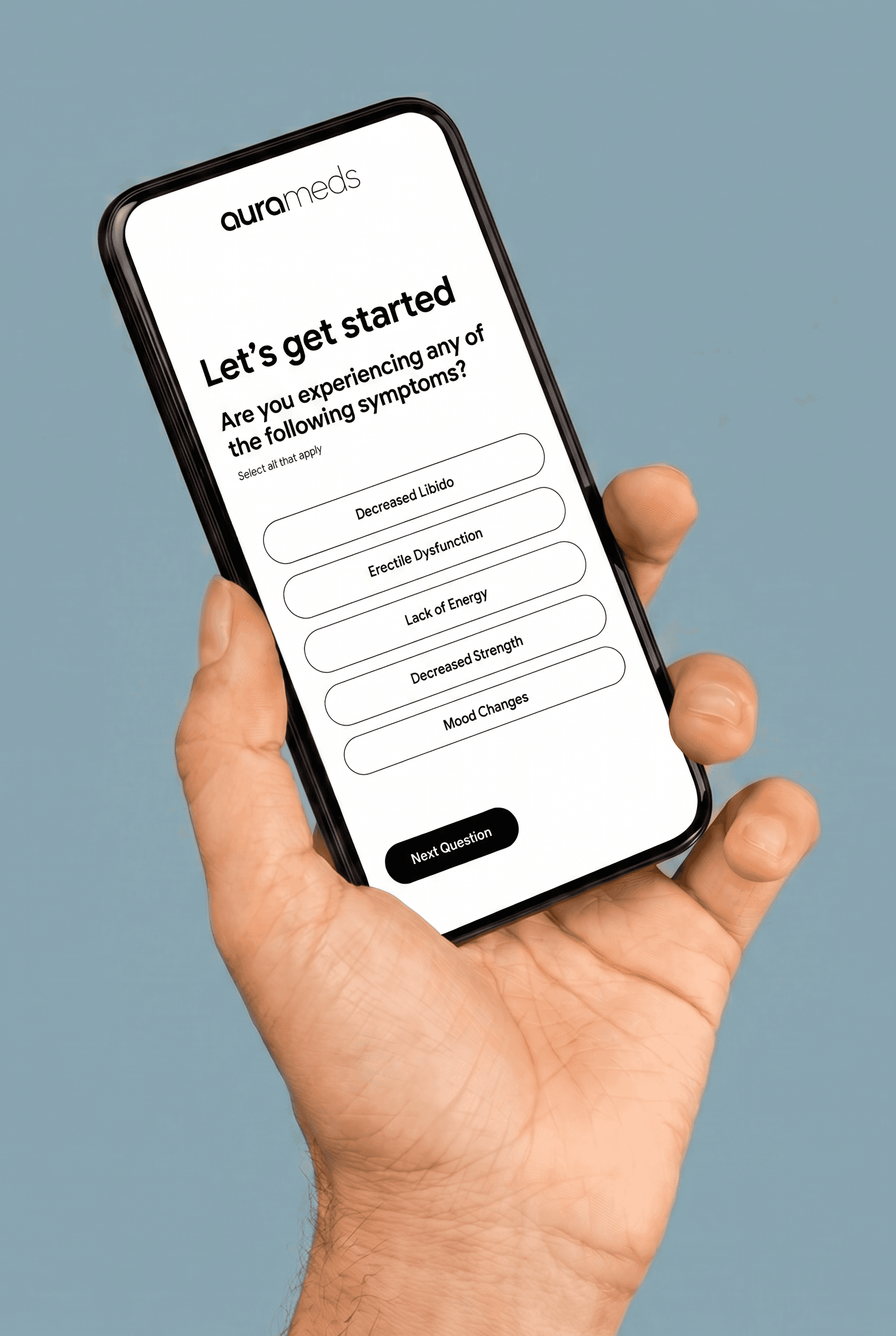 Hand holding a phone showing the aurameds questionnaire
